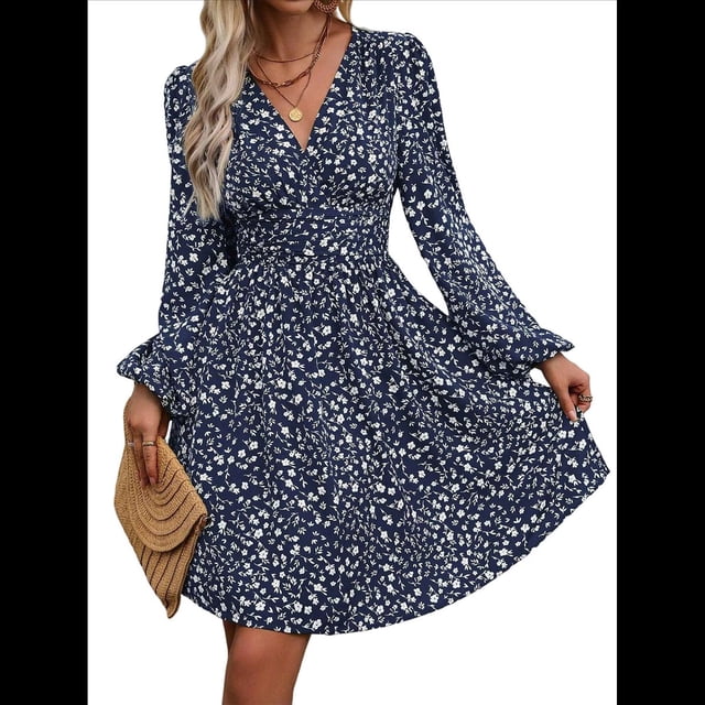 Vestido Elegante para Mujer, Cuello en V, Larga, Cintura Alta, Corte Holgado, para Fiesta de Graduación, Cóctel, Corto Flores Pequeñas M