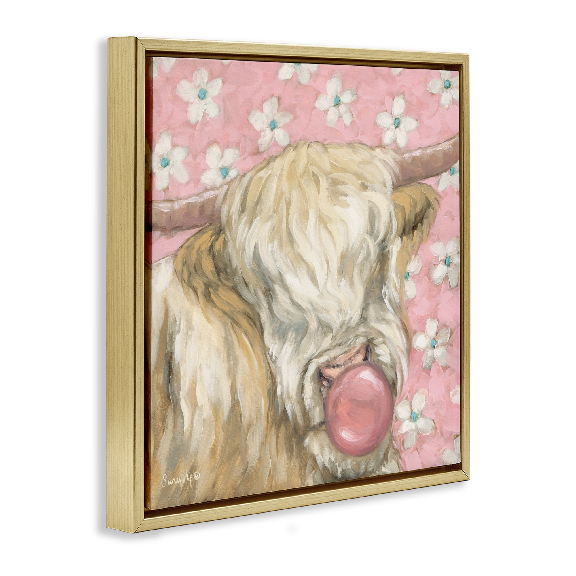 Stupell Industries Bubblegum Cutie Cattle Gold Framed Floater Canvas Wall Art, design by Sara G. Designs