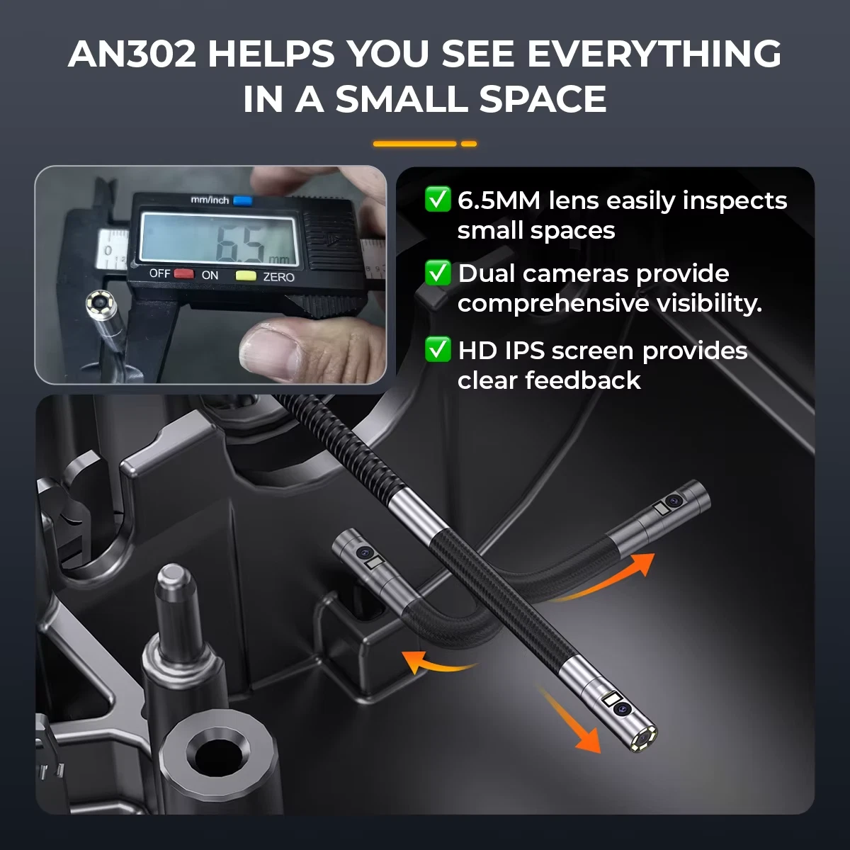 ANCEL Industrial Borescope 4.3" Snake Camera 6.5MM Endoscope, Two-Way HD Endoscope with 7 LED Lights Car Inspection Tool, IP67 Waterproof for Automotive Engine HVAC Wall and Pipe Inspection