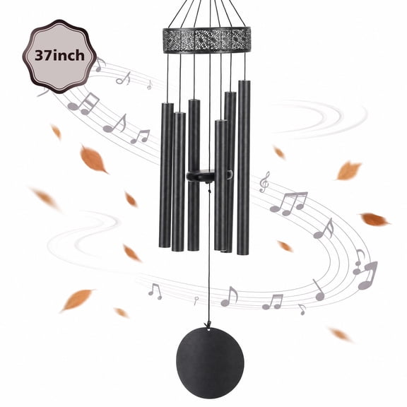 BSHAPPLUS® 37" Memorial Wind Chimes for Outside, Heavy Duty Metal Black Floral Cutout Chimes with 6 Large Deep Tone Aluminum Tubes for Loss of Loved One,Home Garden Hanging Decor