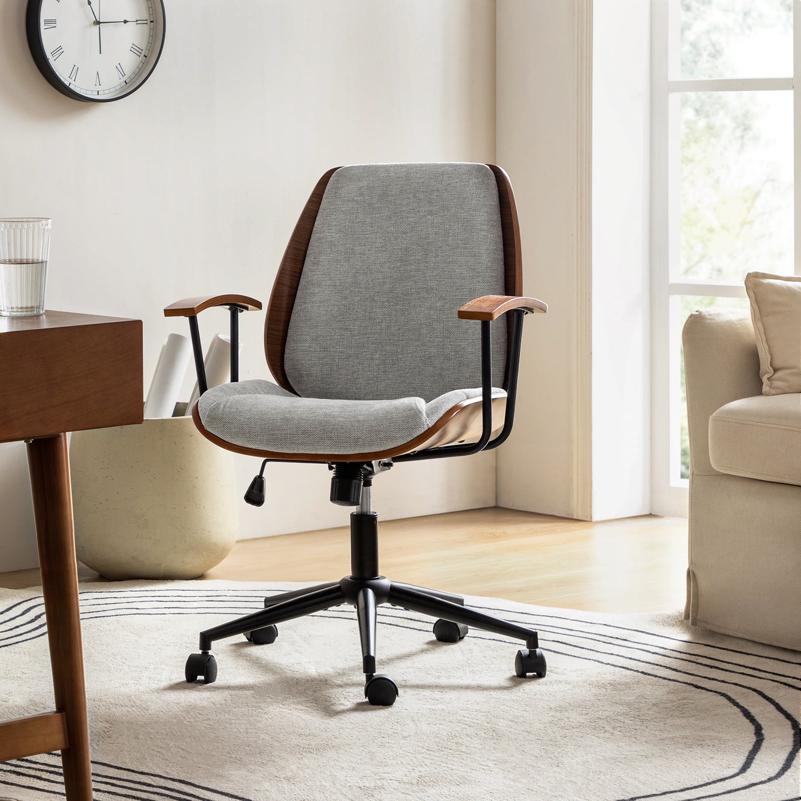Ergonomic Adjustable Swivel Office Chair with Solid Wood Backrest and Premium Comfort Gray Cushion for Home Workplace