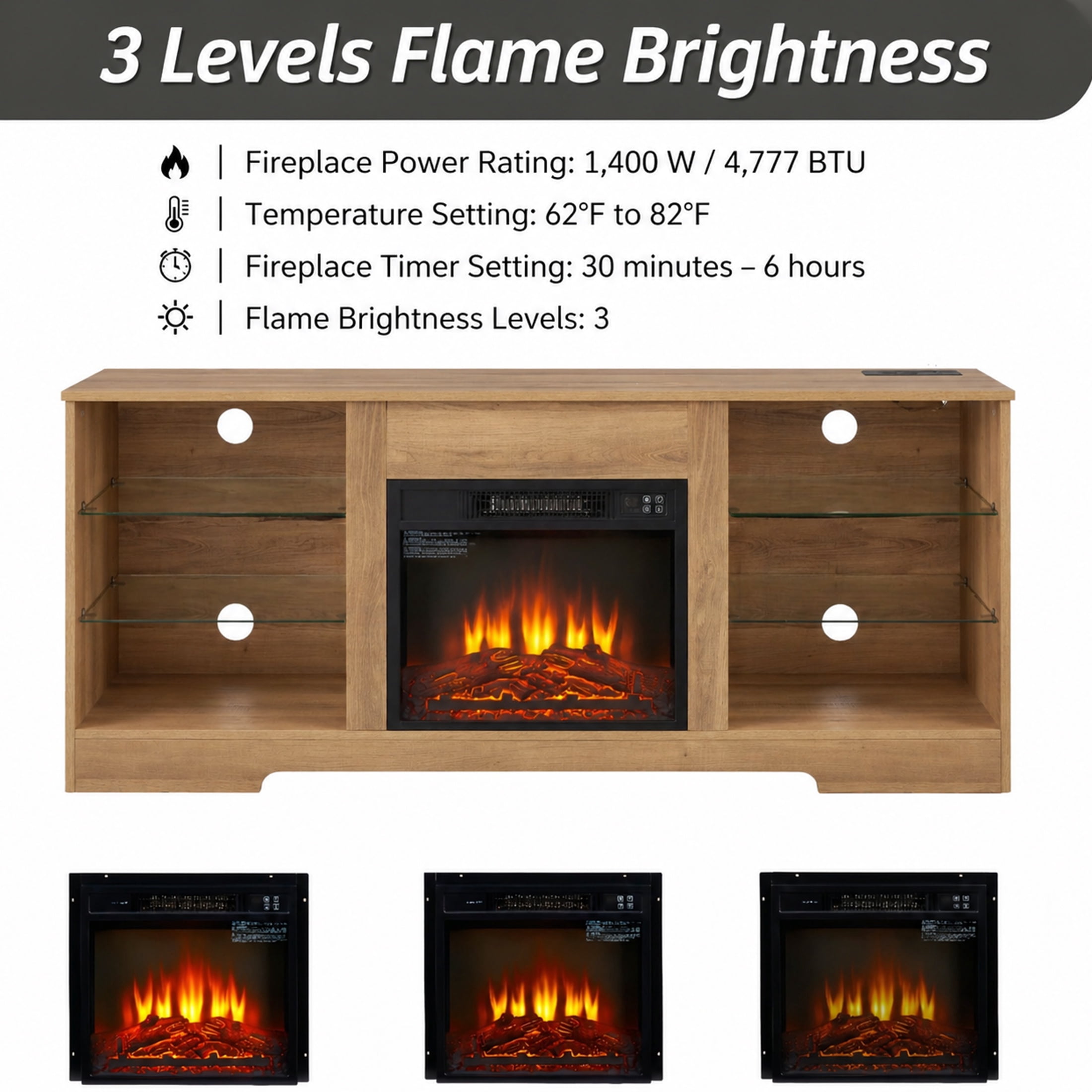 SESSLIFE Fireplace TV Stand, 58" LED Light Entertainment Center with Adjustable Flame Fireplace, Power Outlets & Shelves, Remote & App Control, TV Stand with Fireplace for Living Room, Oak