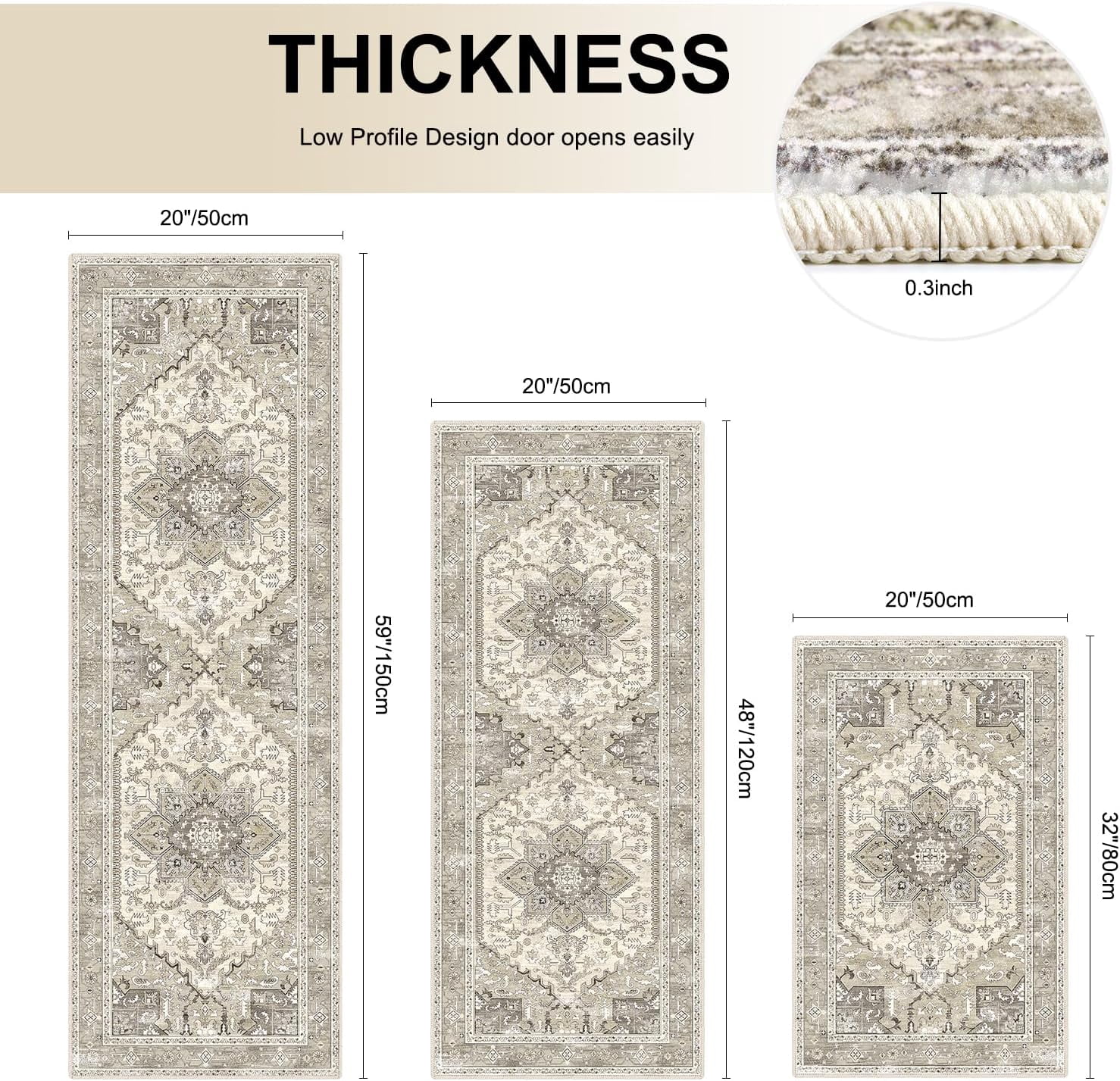 Boho Washable Kitchen Rugs Sets of 3, Non Slip Kitchen Mats for Floor with Rubber Backing, Waterproof & Stain Resistant Carpet Runner Throw Rug for Kitchen, Laundry Room, Hallway, Beige Brown