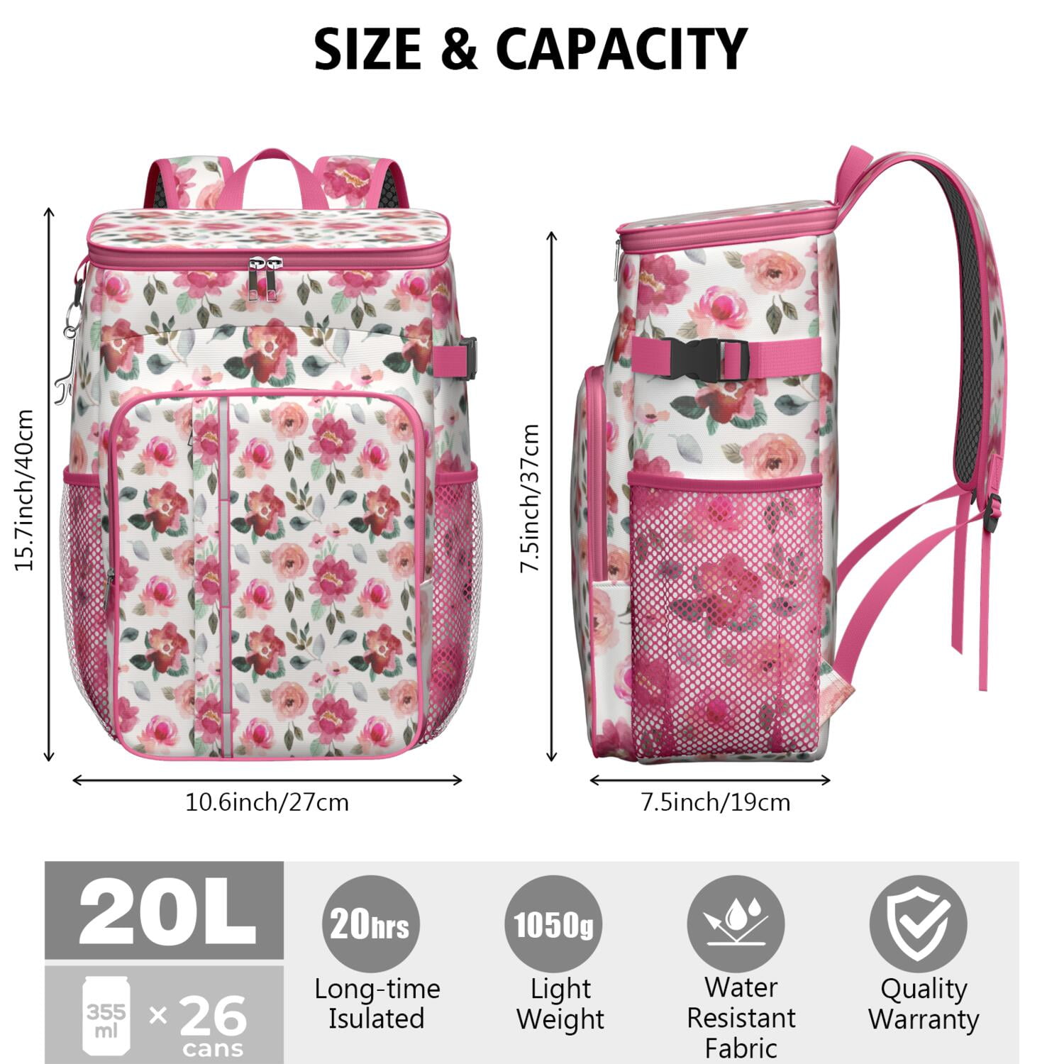 Travel Cooler Bag - Pioneer Flower Floral Print Pattern Camping Beer Cooler Backpack with Bottle Opener- Waterproof Insulated Picnic Backpacks - Cooler Bag for Beach
