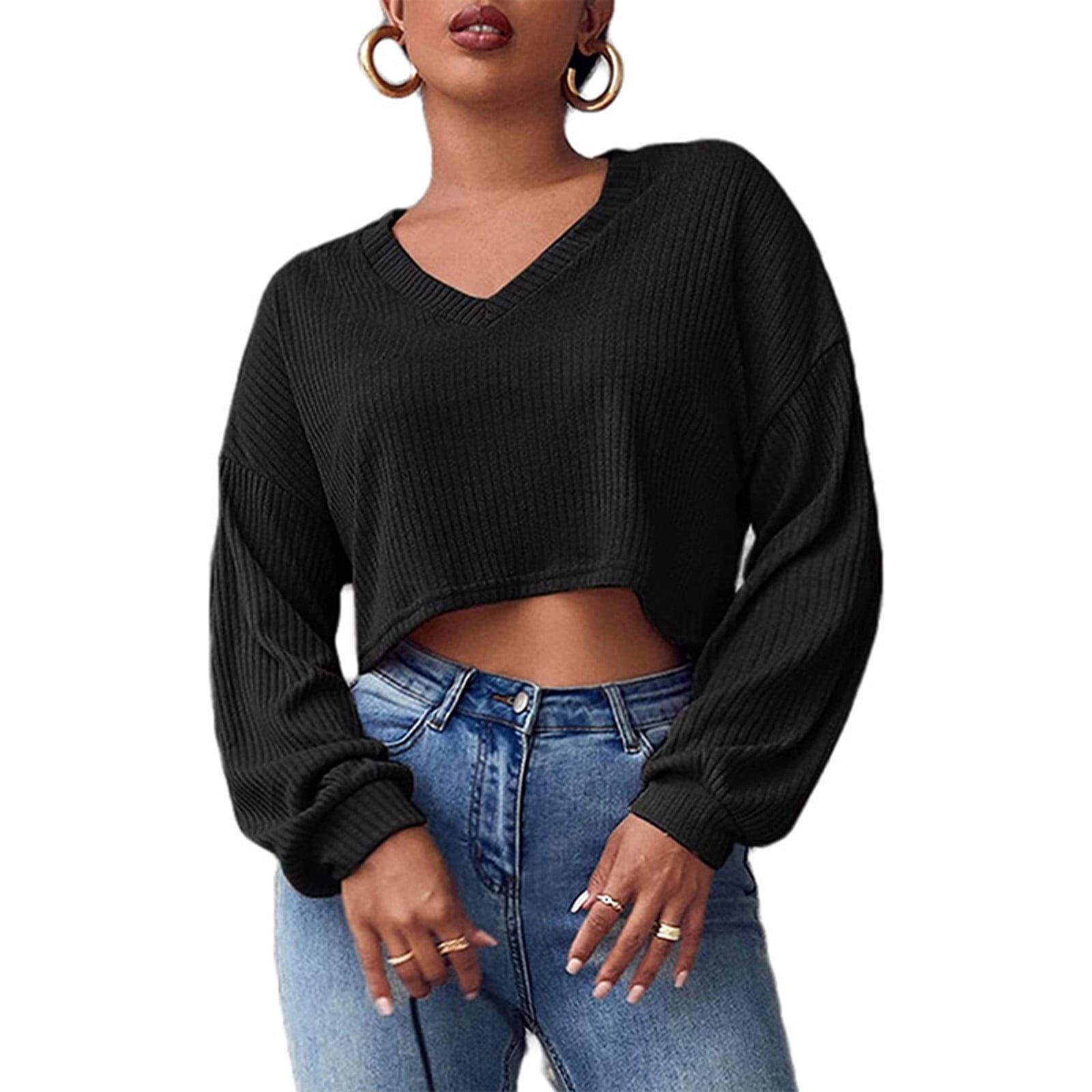 Hfyihgf Women's Ribbed Knit Cropped Tops V Neck Ballon Long Sleeve Pullover  Sweater Casual Soft Loose Solid Color Crop Sweatshirts(Wine,L) - Walmart.com