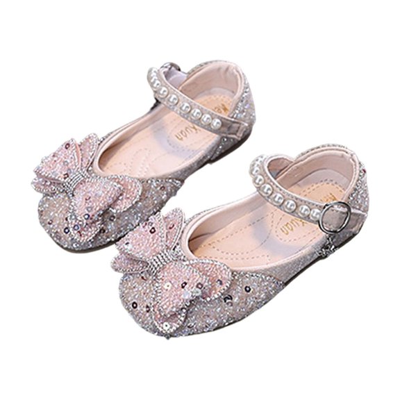 Gpaecead Girls Bow Pearl Sequins Mary Jane Princess Shoes Adjustable Ankle Strap Soft Non Slip Spring Summer Performance Party Shoes,B-Pink