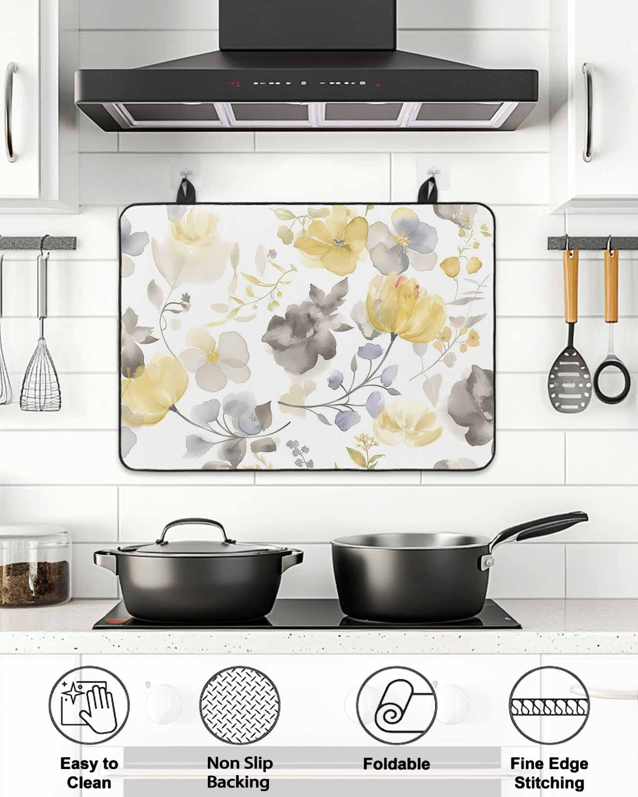Stove Top Covers for Electric Stove, Yellow Grey Botanical Glass Stovetop Cover Protector, Spring Floral Watercolor Induction Cooktop Protector Oven Mat for Kitchen Countertop 24"x21"