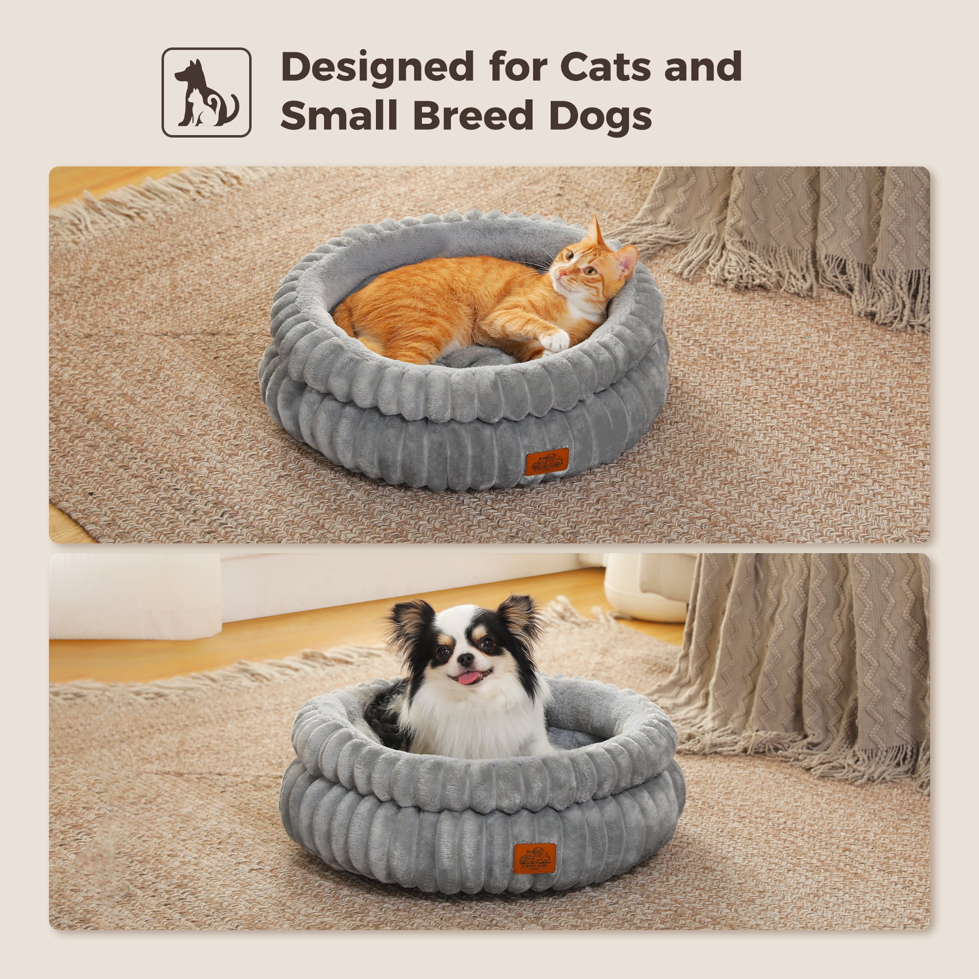 PAWZ Road 24" Cat Bed Soft Plush Kitten Bed Washable Round Pet Bed for Indoor Cats and Puppy, Gray