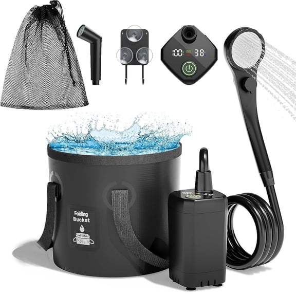 QIYFDDF Portable Camping Shower ,6000mAh Rechargeable Pump Filtered Shower Head & Spray Gun Head 5 Gallons / 20L Foldable Bucket Shower for Hiking Beach Travel Pet Bath Car Washing