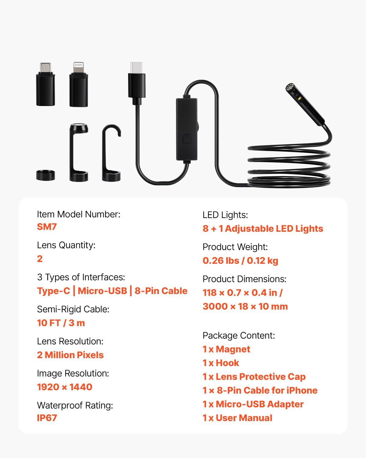 Flexible 10FT Dual Lens Borescope Camera for Android iOS - Endoscope with LED Light for Inspection