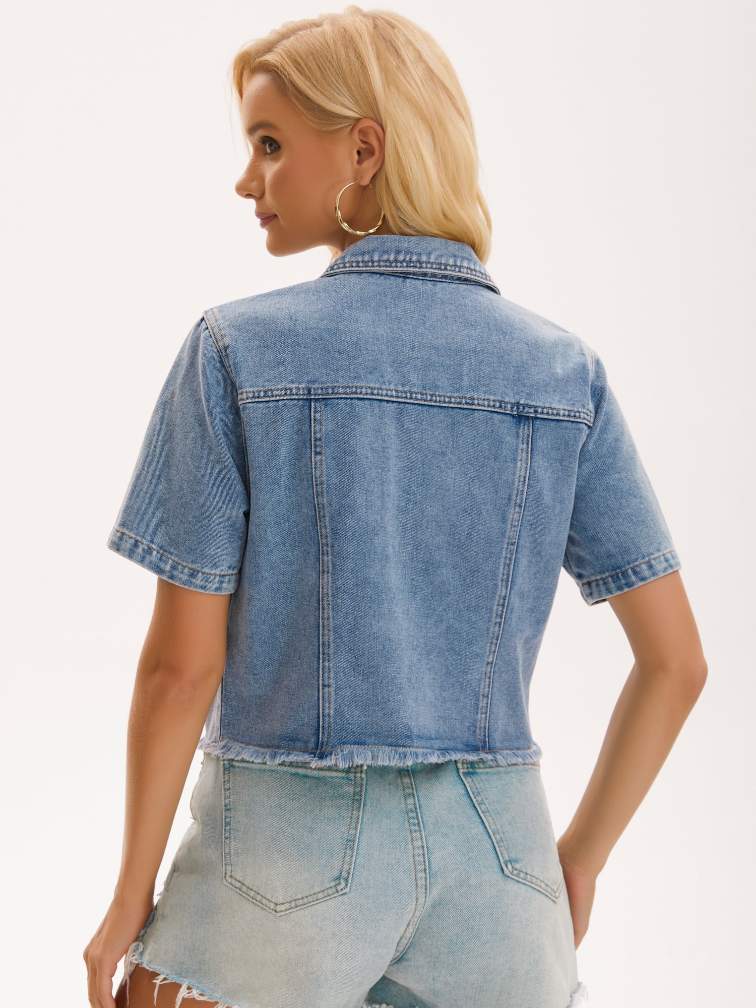 DARING DIVA Women's Short Sleeve Button Up Ripped Frayed Cropped Jean Jacket L Gray Blue