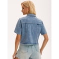 thumbnail image 4 of DARING DIVA Women's Short Sleeve Button Up Ripped Frayed Cropped Jean Jacket S Gray Blue, 4 of 7