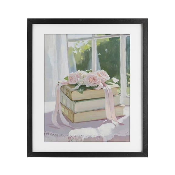 Stupell Industries Stack Of Books with Roses Black Framed Print Under Glass, design by The Prints Vibe