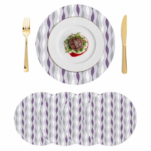 Purple Grey Striped Round 15 Inch Placemats Set of 4, Modern Abstract Geometric Stripes HeatResistant Non Slip Place Mats for Dining Table, Wipeable Braided Kitchen Table Mats for Housewarming