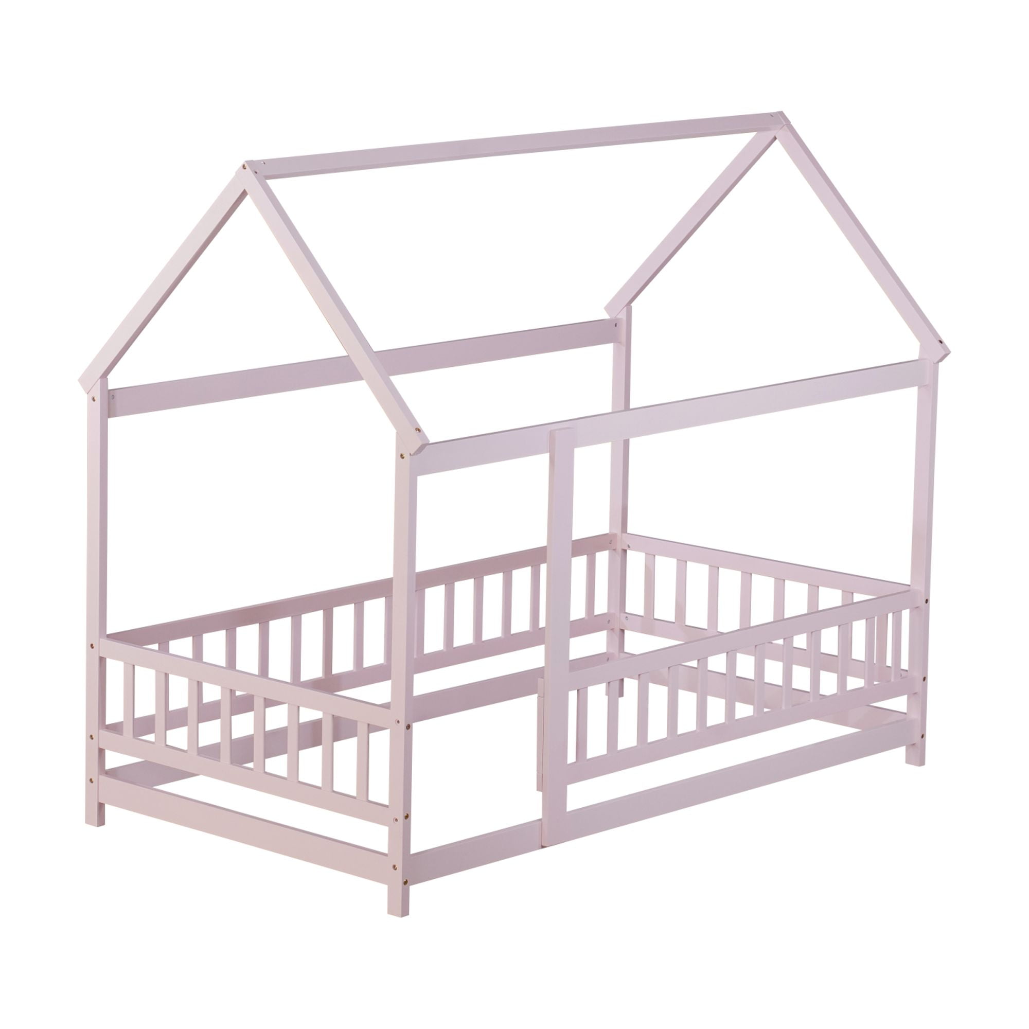 Jopath Twin Size Floor Bed Frame Montessori House Floor Wooden Bed with with Roof Frame,Safety Guardrails for Kids,Boys,Girls Pink