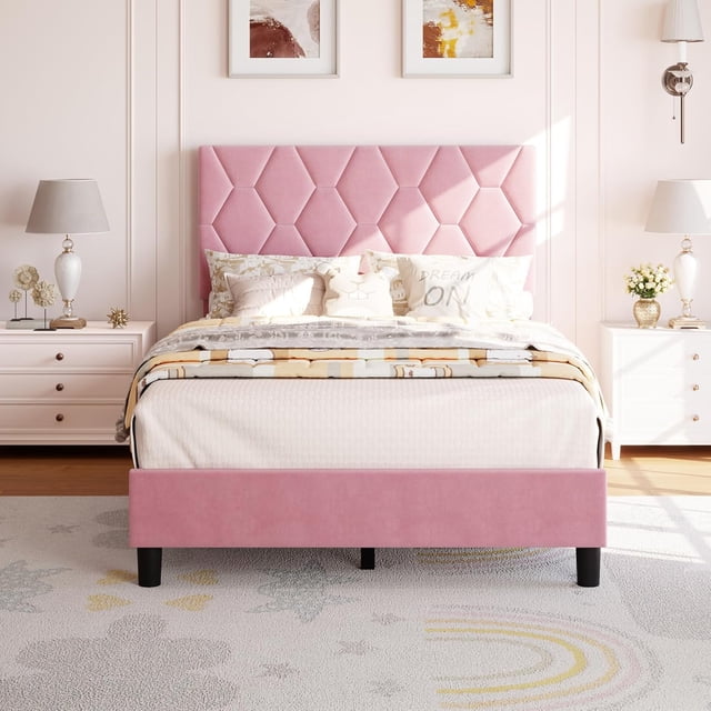 Historyli Cama individual tapizada con plataforma y cabecero, listones de madera, sin somier, color rosa
