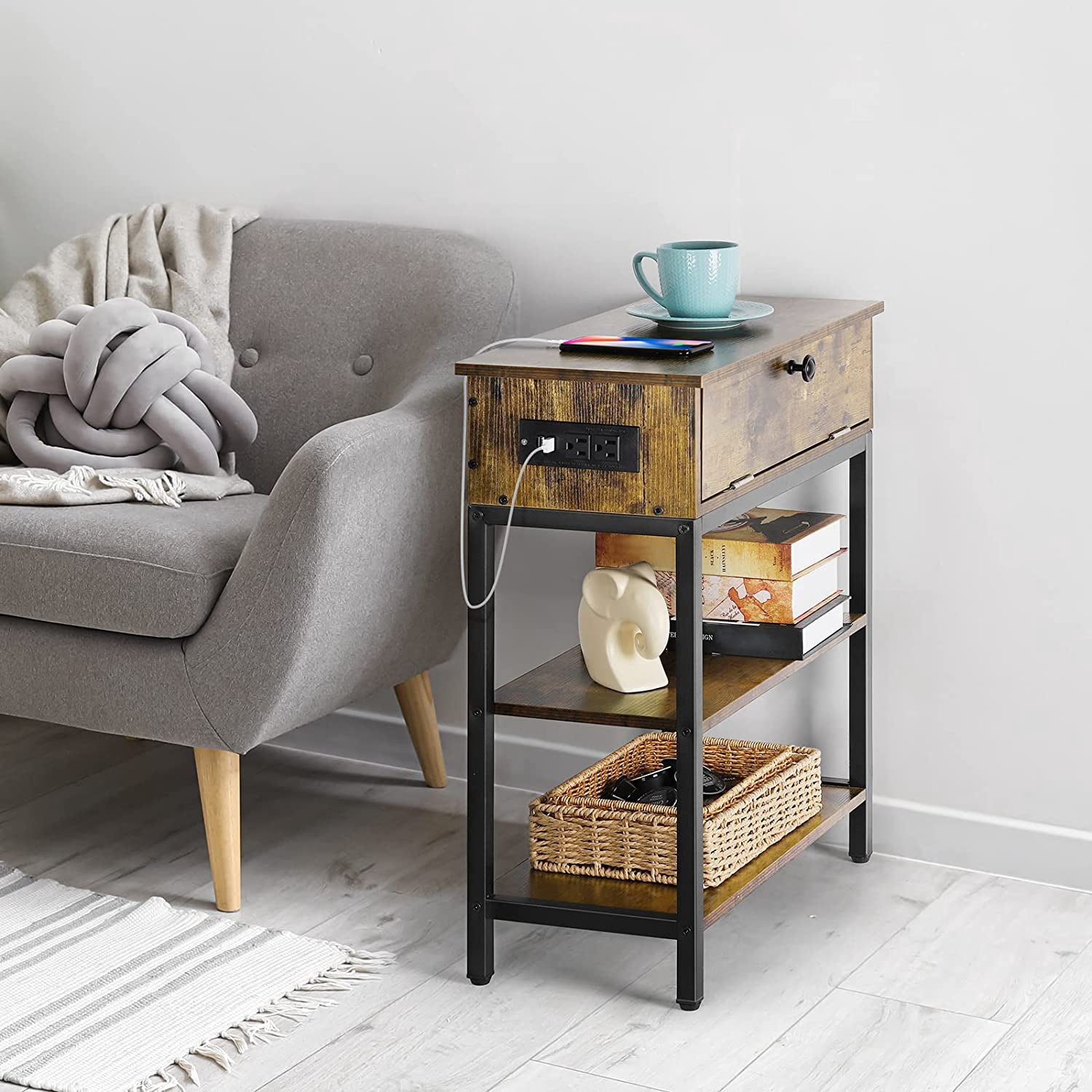 Oumilen End Table with Drawer and Charging Station, Brown