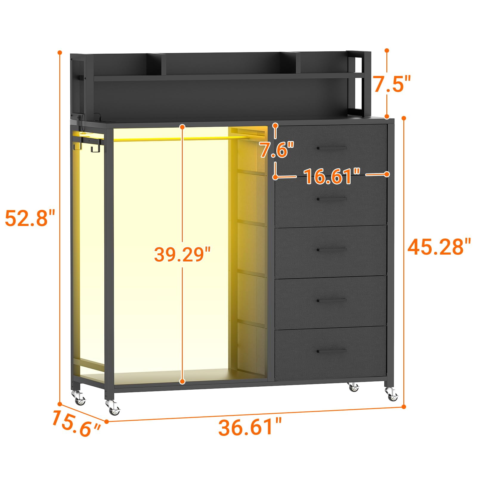 Aheaplus Dresser for Bedroom with Clothes Rack & Shelves, 5 Drawers Dresser with Charging Station & LED Lights, Chest of Drawers with Lockable Wheels, Storage Shelves, Bedroom, Entryway,Black