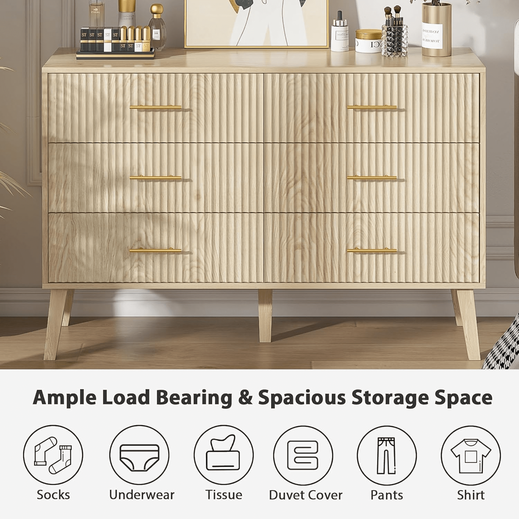 6 Drawer Dresser for Bedroom, 46.85" Wide Modern Wood Chest of Drawers with Fluted Design, Boho Dresser TV Stand for Closet, Living Room, Hallway