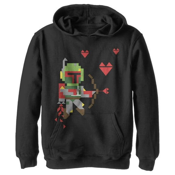 Boy's Star Wars Valentine's Day Boba Fett Cupid  Pull Over Hoodie Black Medium