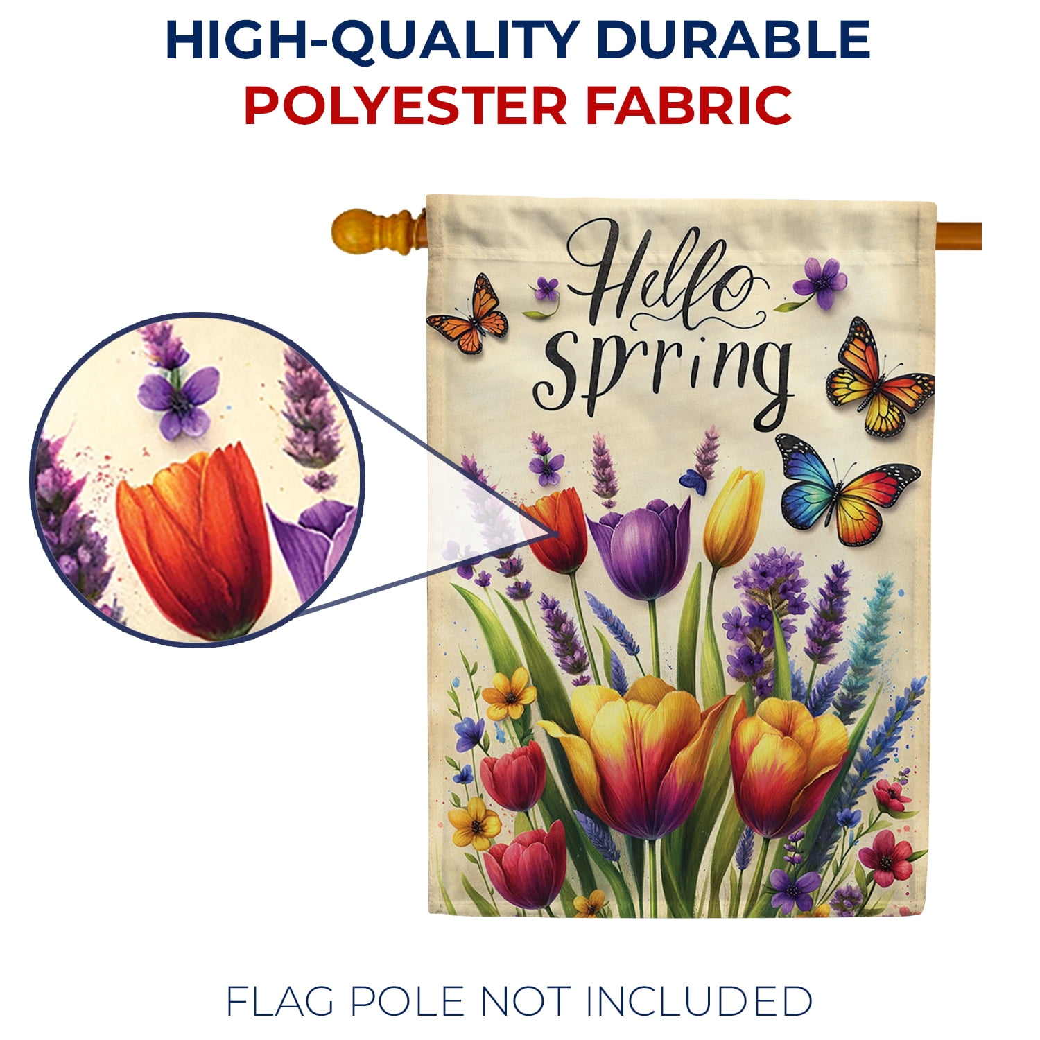 America Forever Hello Spring House Flag, 28 x 40 inch Double Sided, Spring Tulip Butterfly Flag, Colorful Spring Flower Decor, Hello Spring Yard Flag