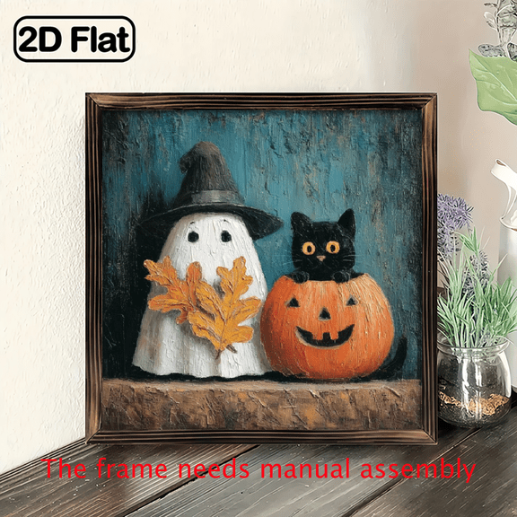 2D Flat, 1pc Vintage Halloween Wall Decor - Cute Ghosts with Witch Hat Black Cat in Pumpkin - Wooden Framed Hanging Sign - Easy Hang with Pre-Drilled Holes - Spooky Halloween Decoration for Home,