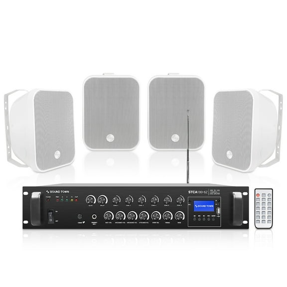 Sound Town Commercial Restaurant Bluetooth Amplifier   Surface-Mount Speaker Set, with One 6-Zone 70V/100V Amplifier with Bluetooth, 4 x 5.25-Inch Surface-Mount Speakers, White (STCA180X4MS5W)
