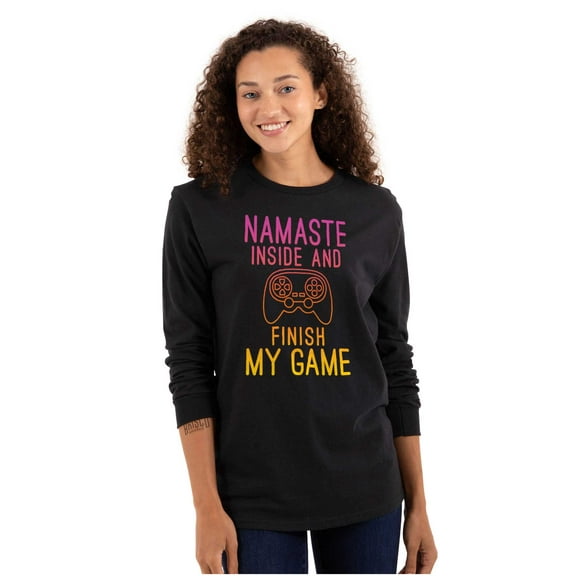 Gamer Namaste Inside Video Gaming Pun Women Plus Size Long Sleeve Graphic Tee Brisco Brands 2X