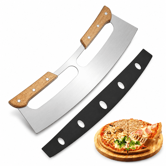 Pizza Cutter Rocker with Wooden Handles & Stainless Steel, Pizzar Rocker Knife, Big Pizza Knife, Pizza Slicer for Kitchen Tool