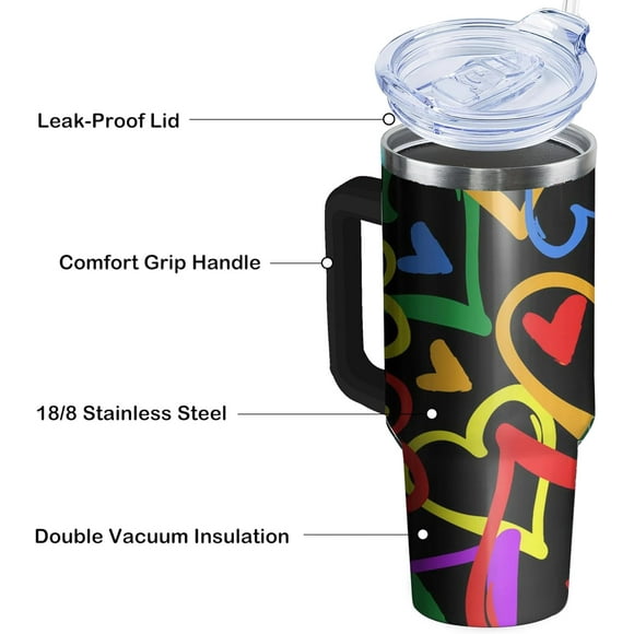 40oz Rainbow HeartTumbler With Handle and Straws, Gifts For Gays Lesbian LGBTQ, Gay Pride Flag Coffee Mug Water Bottle, LGBT Stainless Steel Insulated Cup,Valentines Birthday Gift