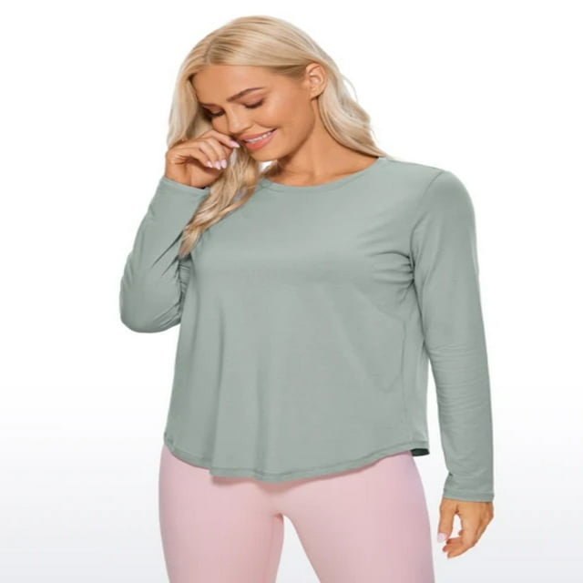 LNGOOR CRZ YOGA Automne Hiver Coton Pima Entraînement Chandails à Manches Longues pour Femmes Athlétique Col Rond YOGA Hauts Décontractés T-Shirt Uni