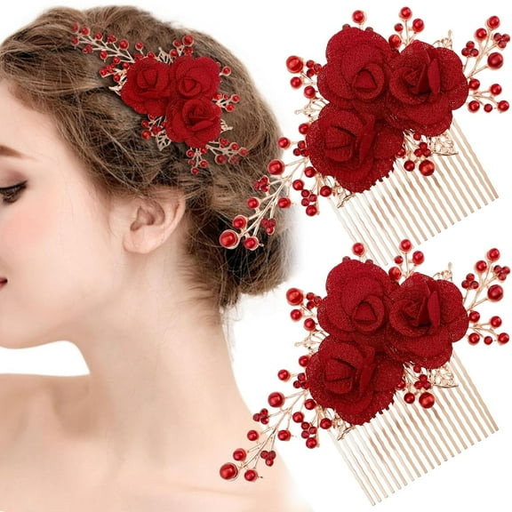 2PCS Red Flower Hair Comb Gold Rose Bridal Side Combs Floral Rhinestone Pearl Combs Vintage Decorative Crystal Emerald Headpiece Wedding Sparkly Hair Accessory for Women