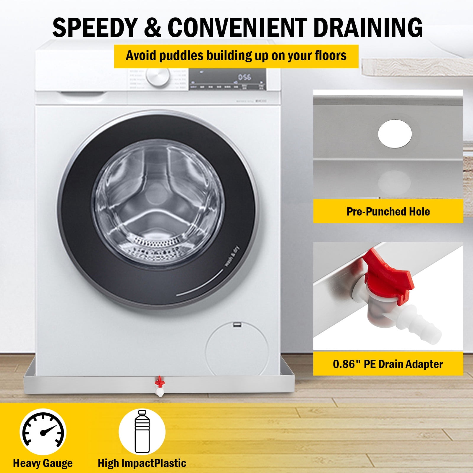 Washing Machine Pan 28" x 30", 304 Stainless Steel Washing Machine Drain Pan Heavy Duty Compact Washer Drip Tray with Drain Hole & Hose Adapte, 4 Pcs Anti-Vibration Washing Machine Feet