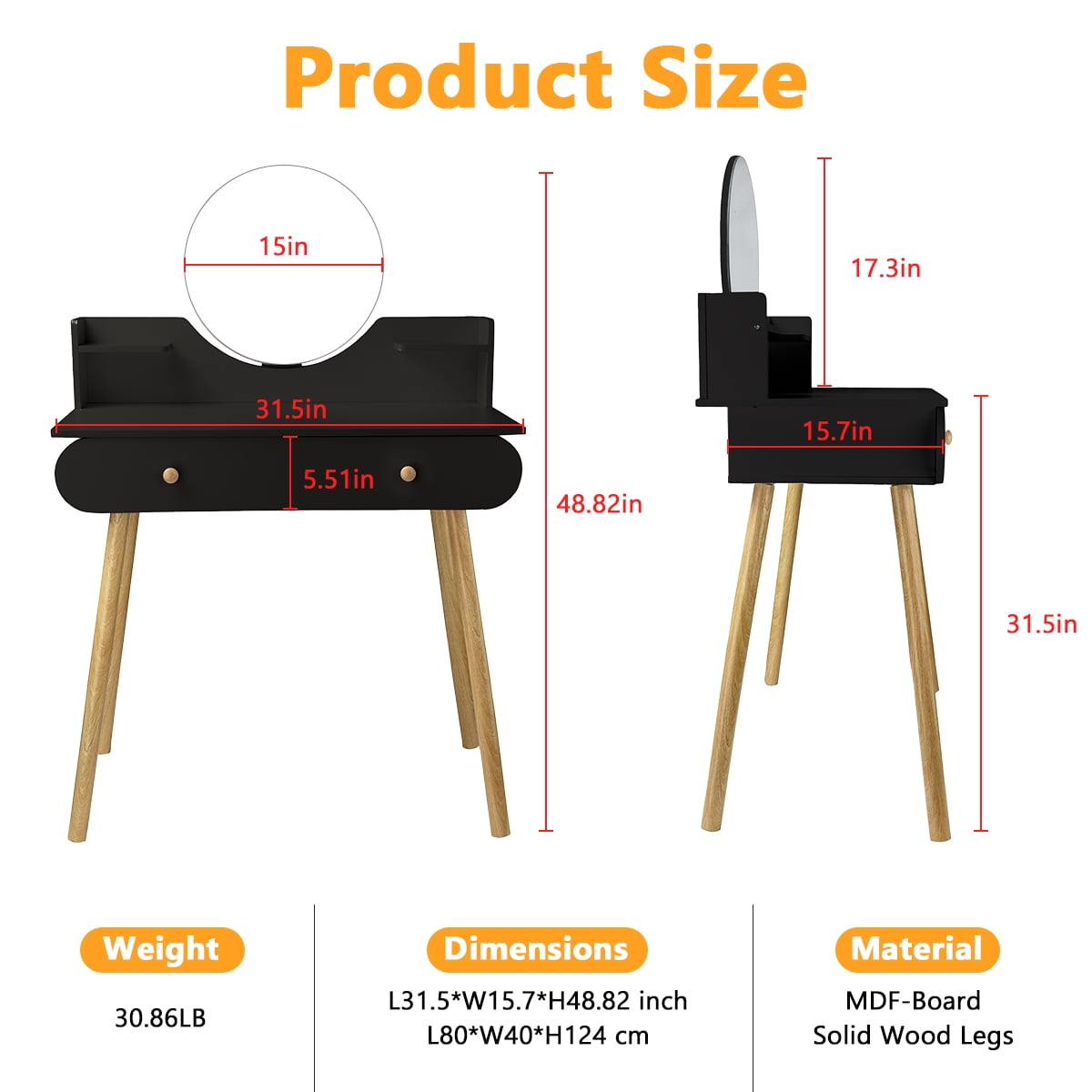 Liyufly Black Vanity Desk with 2 Drawers, Makeup Vanity Table Bathroom Vanity Dressing Table for Women Girls(Without Stool and LED)