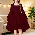thumbnail image 2 of OJSFQUFP Girls' Spring Summer and Fall Dress: Square Neck Flared Sleeves Ruffled Hem Dress, 2 of 6