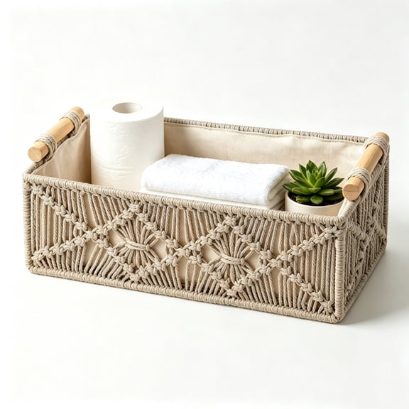 Decorative Toilet Paper Holder for Bathroom Shelf,Macrame Woven Storage Basket with Wooden Handles, Boho Farmhouse Countertop Organizer