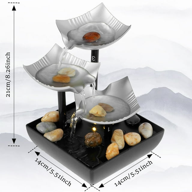 Tabletop Fountain with Light and Pebble Meditation Water Fountain Small Waterfall Fountain Desktop Decorations USB Powered Sound Relaxation Fountain Ornament for Table Office Home Bedroom