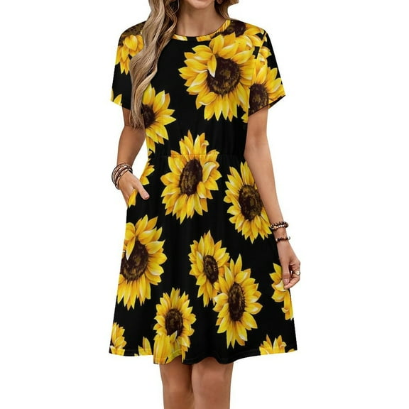 Sunflower Black Background Women's Dress Short Sleeve Summer Sundress Summer Women Clothes