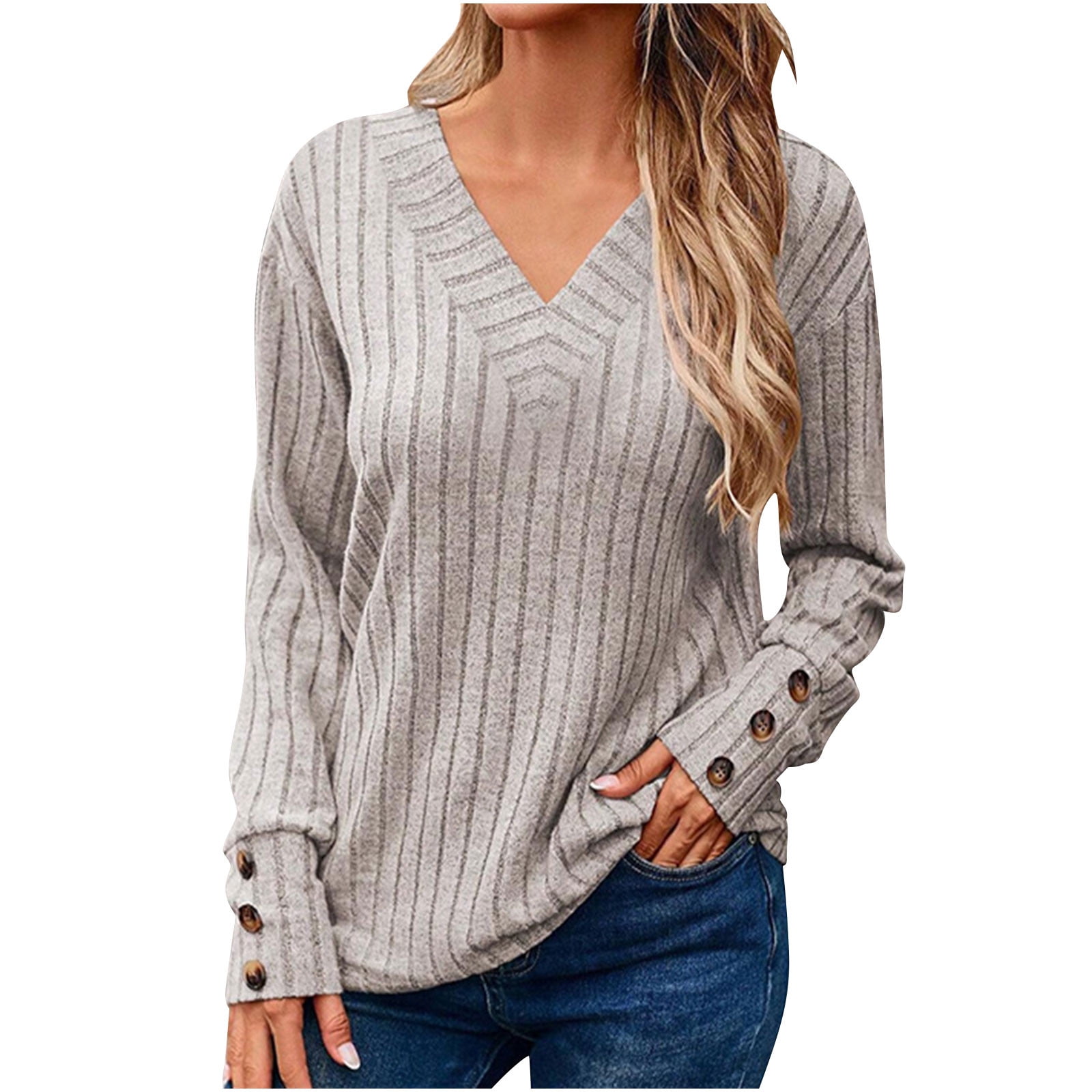 Timegard Womens Tops Long Sleeve V Neck T Shirts Casual Comfy Solid Color Basic Blouses