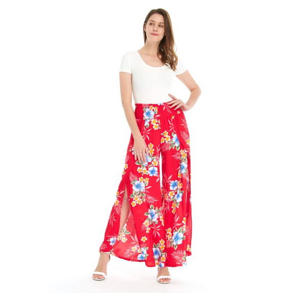 Lady High Slit Wide Leg Pants in Tropical Pink Line Floral