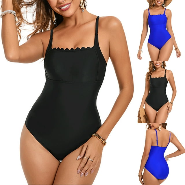 Jinhomg Womens Modest Bathing Suits Lightweight Comfy Spaghetti Strap One Piece Monokini Swimsuit Casual Solid Backless Ruffle Rash Guard Swimwear Sales Today Clearance Blue XXL