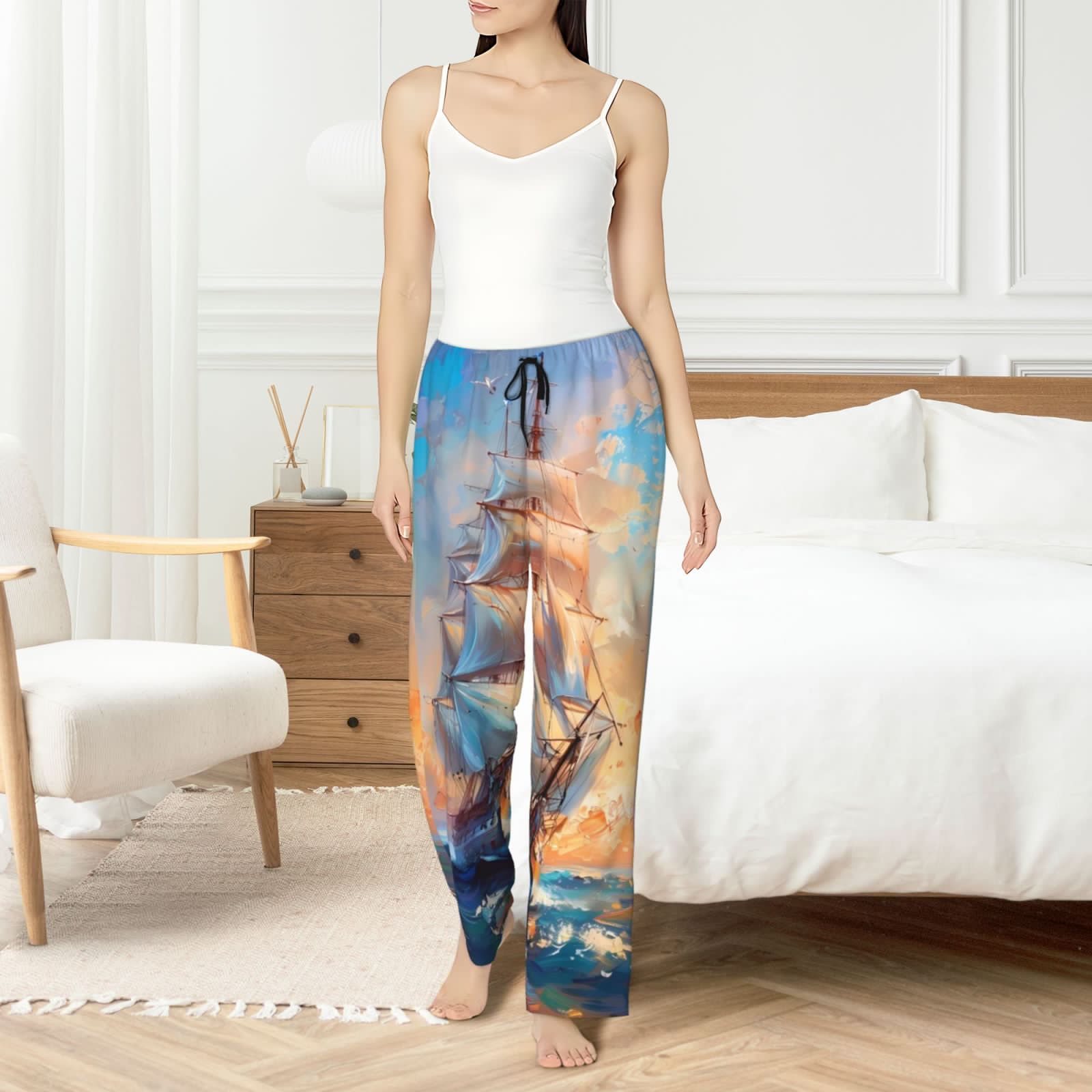 thumbnail image 4 of Balery Sailing Ship Ocean Sunset Pantalones de pijama para mujer, pijamas ultraligeros, pantalones de estar por casa-Large, 4 of 6