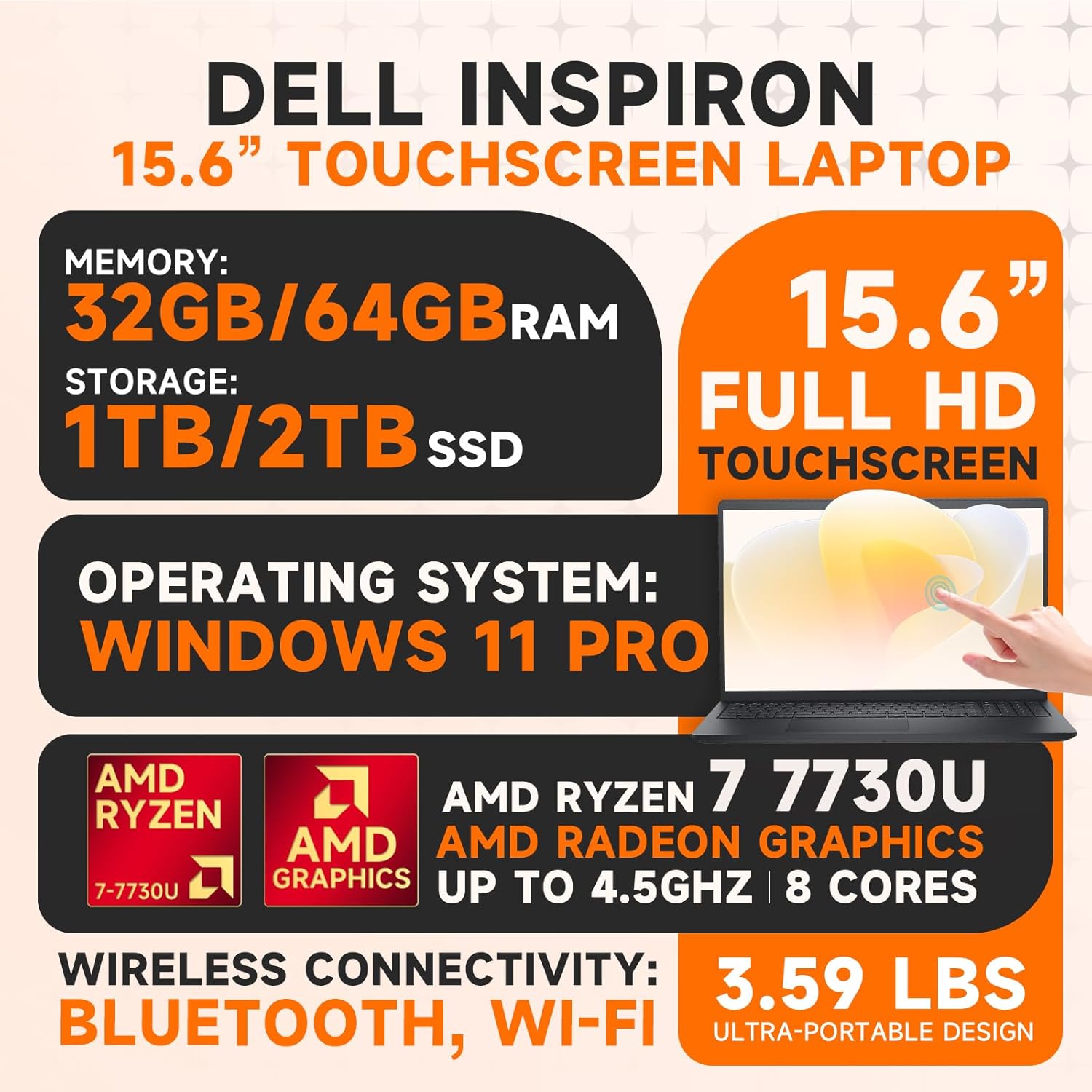 Dell Inspiron 15 3535 Touchscreen Laptop,15.6" FHD Anti-Glare Display, AMD Ryzen 7 7730U, 16GB RAM, 512GB SSD, Windows 11 Pro, Business & Student Computer