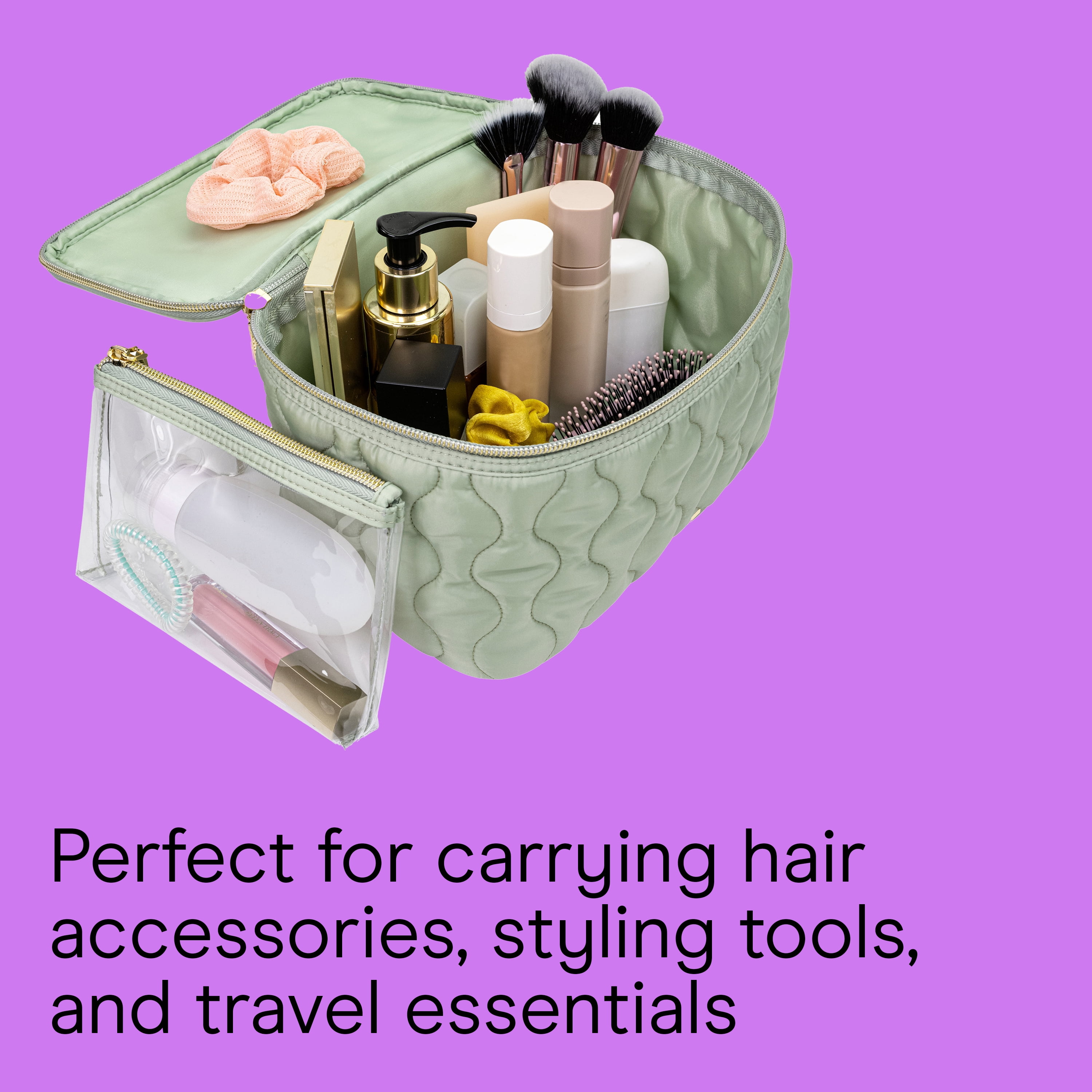 Conair Sage Green Train Case Set, 2-Piece Travel Organizer with Clear Pouch