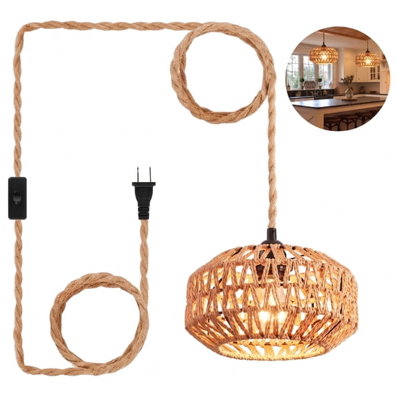 Plug-In Pendant Light, 7.9-Inch Boho Rattan Hanging Lamp with 14.7Ft Rope Cord, Swag Light for Bedroom, Kitchen Island & Entryway
