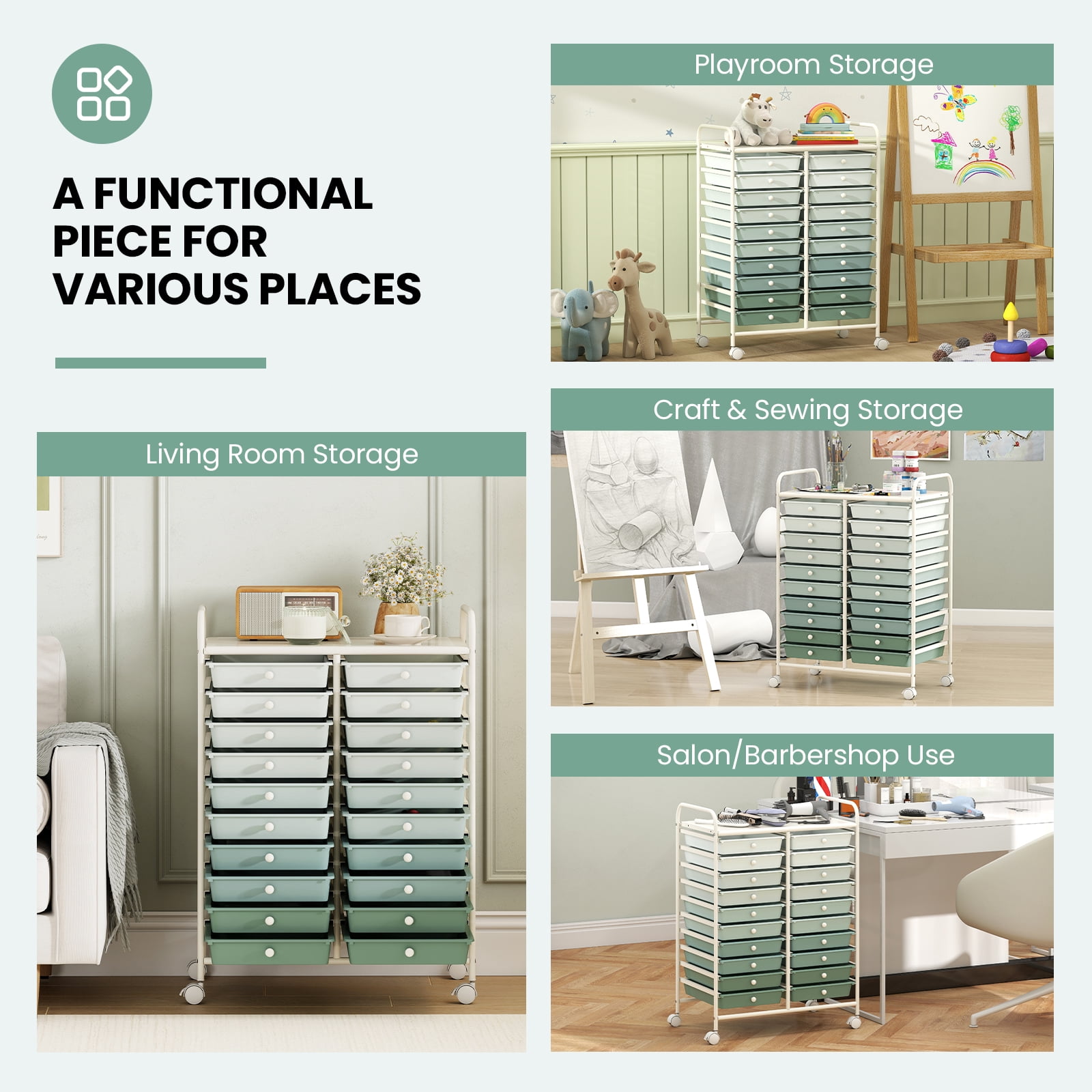 Costway 20-Drawer Rolling Art & Craft Storage Cart with Removable Drawers & Metal Frame,Lockable Wheels Gradient Green