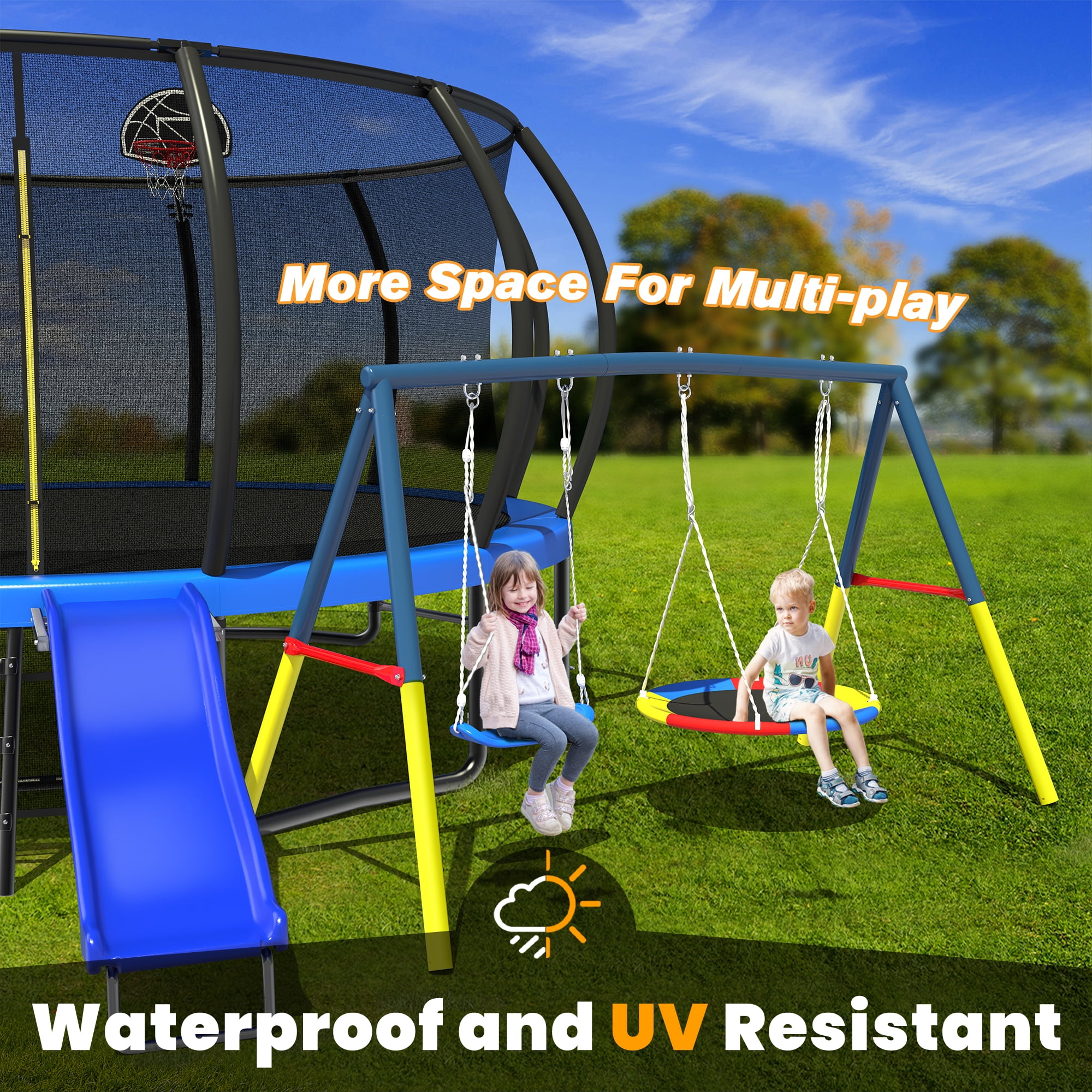 Mersco 15FT Heavy Duty Trampoline with Enclosure Net ,Slide ,Swing Set Outdoor Trampoline for Backyard,Kids Trampoline with Basketball Hoop,Birthday and Holiday Gifts for Kids,Blue