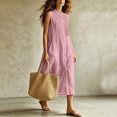 thumbnail image 4 of Ovbmpzd Pleated Summer Dresses for Women Linen Midi Pink Shift Dress Casual Sleeveless Button Down Dresses,M, 4 of 6
