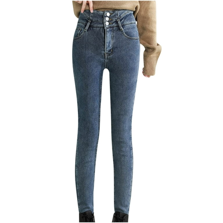 Yyeselk Women's Fleece Lined Jeans for Women Winter Warm Flannel Lined Jeans  Womens High Waisted Skinny Stretch Pants 