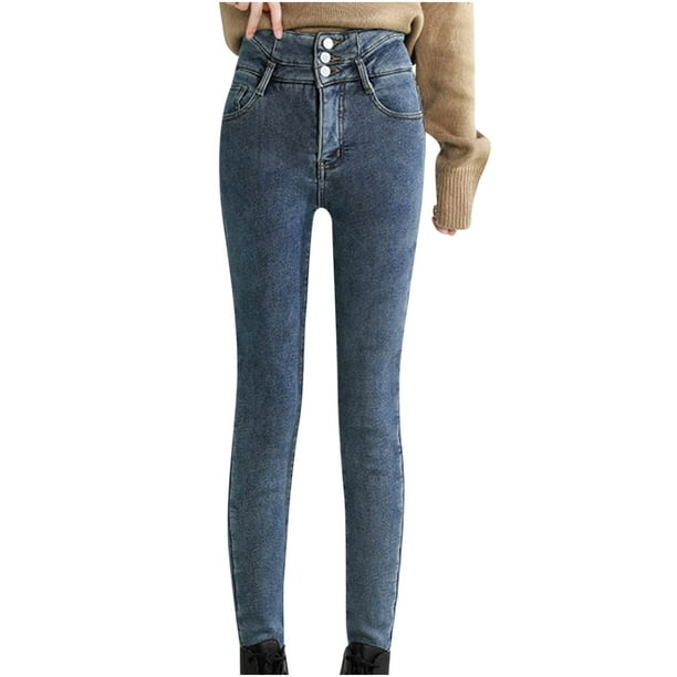 Sunisery Women High Waist Fleece Lined Jeans Winter Keep Warm Casual Slim  Stretch Denim Pants with Pocket Black XS 